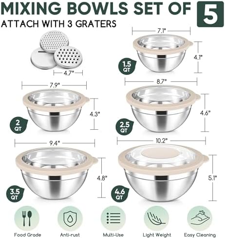 Herogo 5-Piece Mixing Bowls with Airtight Clear Lids, 3 Grater