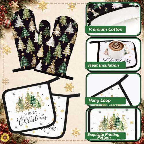 Fourluoo 10 Pcs Christmas Kitchen Decor Set Green Christmas Tree Rugs