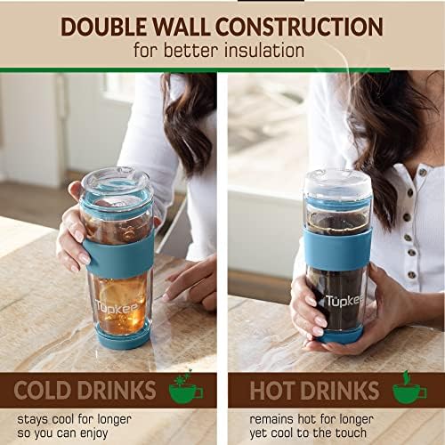 Double Wall Glass Tumbler, 14-Ounce Glass Travel Coffee Mug with Lid