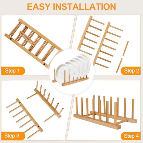 SAMEBUTECO Bamboo Dish Rack Plate Holder, 2 Packs