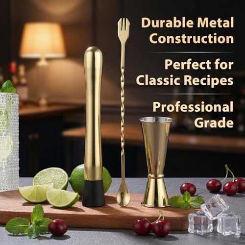 Gold Muddler for Cocktails, 10 Inches Bar Spoon, 1 oz 2 oz Double