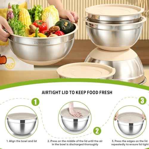 8 Pack Mixing Bowls with Airtight Lids & Grater Attachments, Khaki