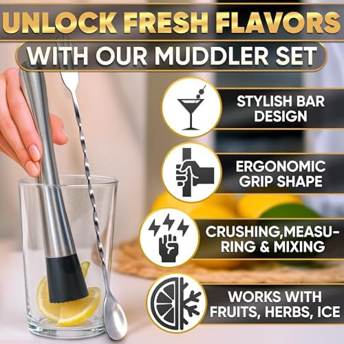Set of Drink Muddler for Cocktails with Cocktail Spoon and Jigger