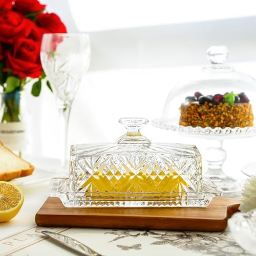 8" Crystal Covered Butter Dish for Countertop, Glass Butter Dish with