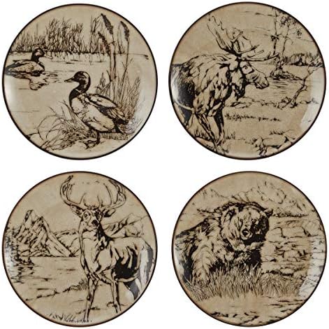 Mossy Oak 16-Piece Stoneware Dinnerware Set, Service for 4 with Dinner Plates, Salad Plates, Bowls and Mugs, Lodge-Style Wildlife Animal Sketch Design, Dishwasher and Microwave Safe