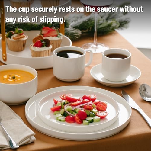 BTaT- Stackable Tea Cups and Saucers, White, Set of 6 (8 oz)