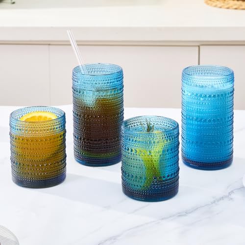 Vintage Hobnail Drinking Glasses Set of 8, Blue 16 oz Highball Glasses