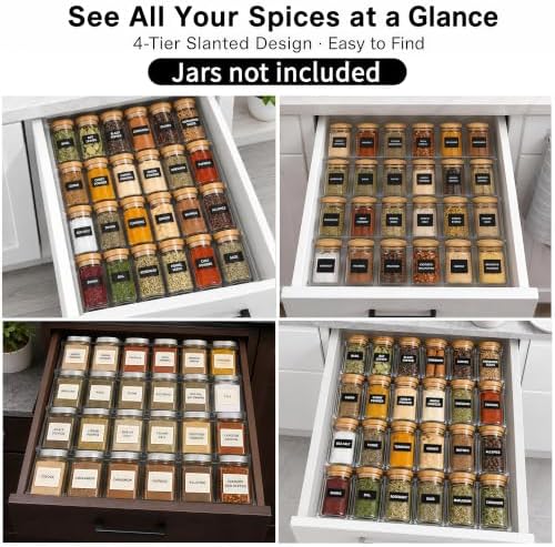 4-Tier Expandable Spice Drawer Organizer, Clear Plastic Seasoning