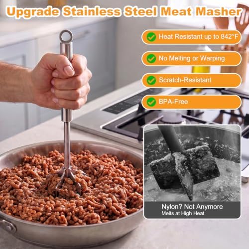 Stainless Steel Meat Masher, 6-Blade Ground Beef Chopper Tool, Heavy