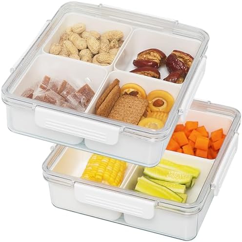 2pack Divided Serving Tray with Lid, 4 Compartment Removable Snack