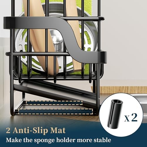 Consumest Sponge Holder for Kitchen Sink, Stainless Steel, Black