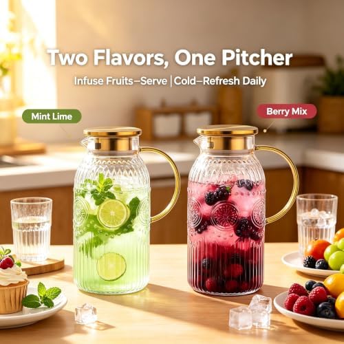 Amzcku Glass Pitcher with Lid 68oz 2L Vintage Water Carafe Beverage
