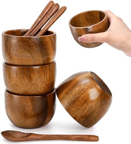 Lyellfe Set of 4 Acacia Wood Bowl, 5 Oz Small Dipping Sauce Bowl with