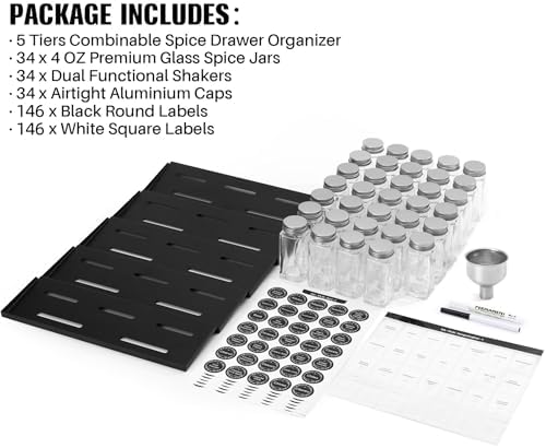 MIUKAA Spice Drawer Organizer with 34 Spice Jars, 378 Spice Labels