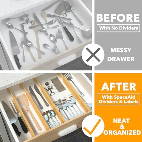 SpaceAid 4 Pack Bamboo Drawer Dividers with Labels, Kitchen Adjustable