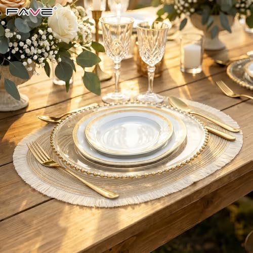 FAVE Boho Oval Woven Placemats Set of 6, Washable Table Mats with