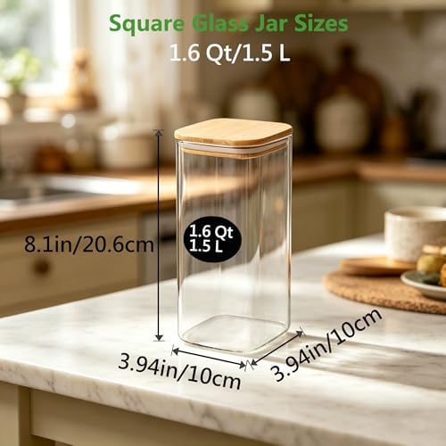 VIEWELLD 1.6Qt Square Glass Jars, food jars,Set of 3 for