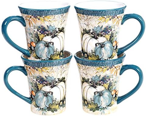 Harvest Gatherings 14 oz. Ceramic Fall Mugs, Set of 4 – Blue & White
