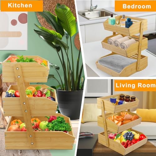 mobzio Fruit Basket for Kitchen Counter, 3 Tier Fruit Stand, Fruit Vegetable Storage Basket, Fruit Bowl for Kitchen Counter, Large Bamboo Basket Display Rack, Fruit Holder Produce Basket