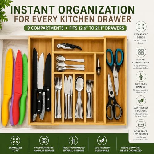 Tiny Earth Threads Bamboo Expandable Drawer Organizer – 9 Compartments