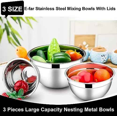 E-far Mixing Bowls with Lids Set, 6-Piece Stainless Steel Salad Bowls