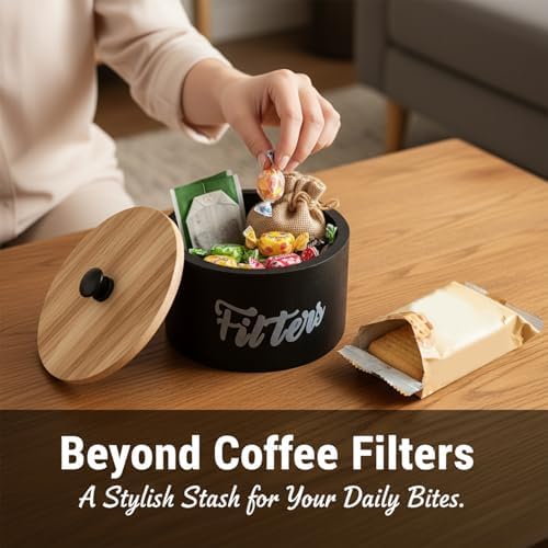 Wooden Coffee Filter Holder with Lid, Round Coffee Filter Storage