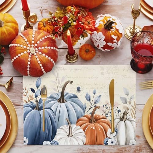 Fall Placemats Set of 4 Blue Pumpkin Place Mats Floral Leaves Autumn