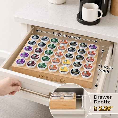 MinBoo BamBoo k cup holder Drawer or Countertop k cup Organizer Coffee Pod Holder Hold 35 Coffee Pod Storage Kcup coffee pods holder for coffee station Office and Kitchen k cup storage