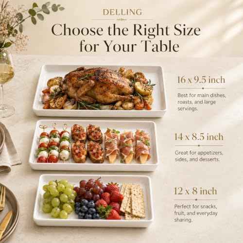 Delling Large Serving Platter, 16/14/12 Inch Rectangular Serving Trays for Serving Food, Serving Tray for Party - Set of 3, White