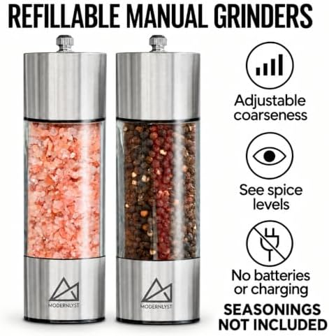 Round Manual Salt & Pepper Grinder Set, 2-Pack, Stainless Steel