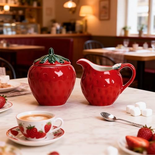 CHOOLD Ceramic Strawberry Shape Creamer and Sugar Bowl Set, Cream