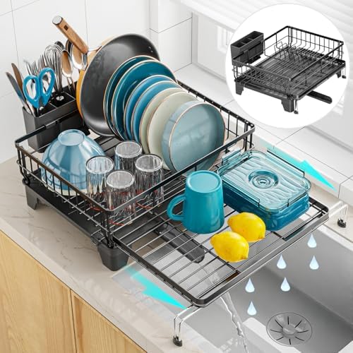 GSlife Expandable Dish Drying Rack - Over Sink & Countertop Use, Black