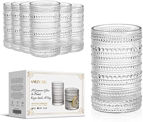 Amzcku Vintage Highball Drinking Glass Set of 6 Kitchen Glasses Cup