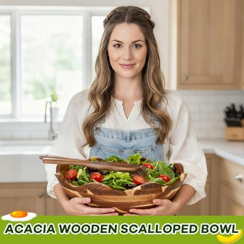 Geiserailie 15 Inches Scalloped Acacia Wood Salad Bowl Set, Serving