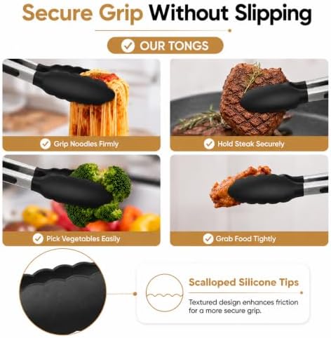 Kitchen Tongs Set, 3 Pack, 7+9+12", Silicone Tips
