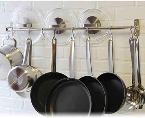 Premium Chefmate Stainless Steel Gourmet Kitchen 31.5 Inch Wall Mount Rail and 10 S Hooks Set Utensil Pot Pan Lid Rack Storage Organizer, Silver