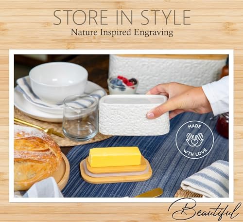 Ceramic Butter Dish with Airtight Bamboo Lid, Large 2-Stick Butter