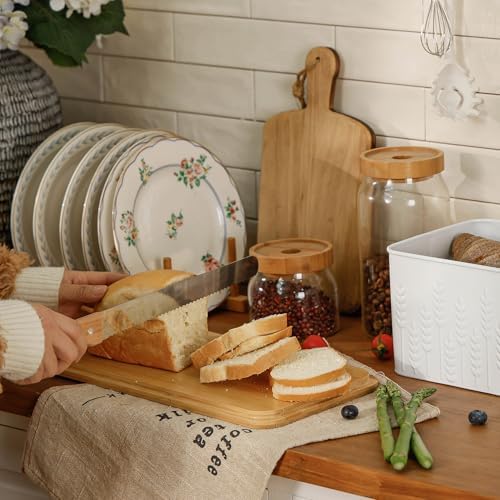 Large White Ear of Wheat Embossed Bread Box with Bamboo Lid