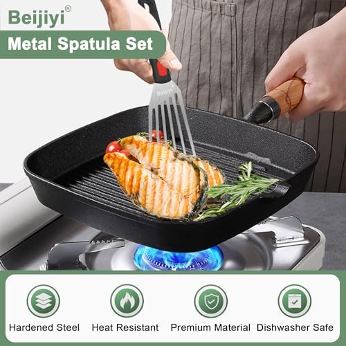 Beijiyi 3-Piece Metal Spatula for Cast Iron Skillet, Sturdy Stainless