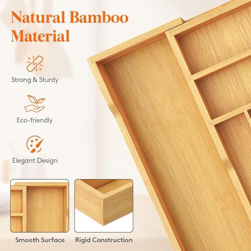 Expandable Bamboo Silverware Organizer, Adjustable Drawer Organizer
