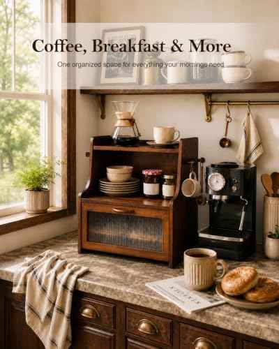 Brown Bread Box for Kitchen Countertop, Wooden Bread Storage Container with Shelf, Coffee Bar Organizer and Bread Keeper for Bread, Bagels and Pantry