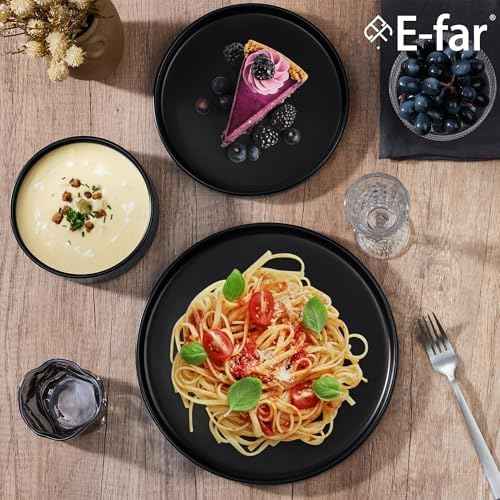 E-far Black Dinnerware Sets for 8, 24-Piece Stoneware Plates and Bowls Sets