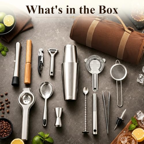 Portable Bartender Kit with Canvas Roll-Up Bag, Complete Cocktail