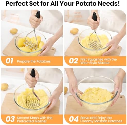 2Pcs Potato Masher Set with Silicone Handle, Premium Stainless Steel