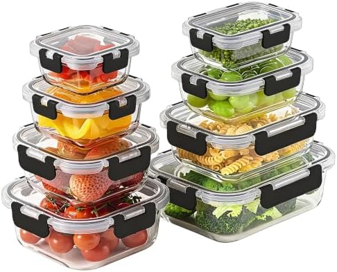 8 Pack Glass Food Storage Containers with Snap-Locking Lids