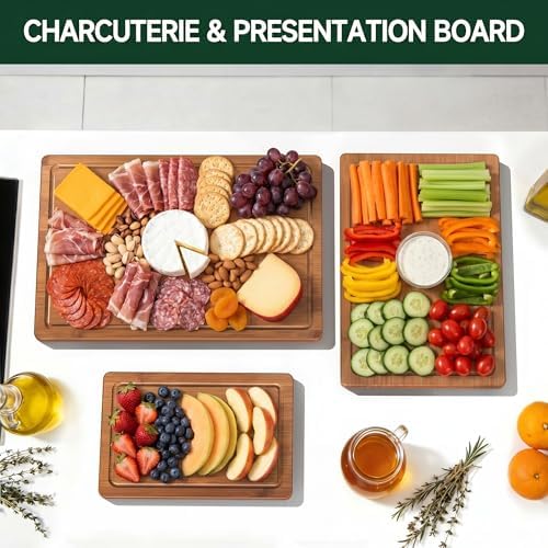 Bamboo Cutting Board Set of 3 with Holder for Compact Kitchens &