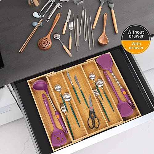 Utoplike Bamboo Expandable Kitchen Drawer Organizer and Bamboo Cutlery
