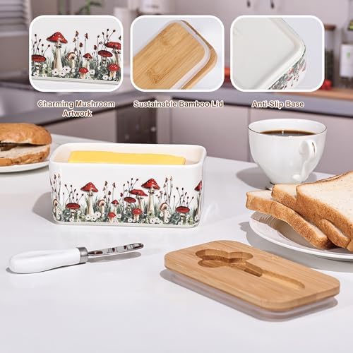 Fungi Fun Ceramic Mushroom Butter Dish with Lid & Knife - Ceramic