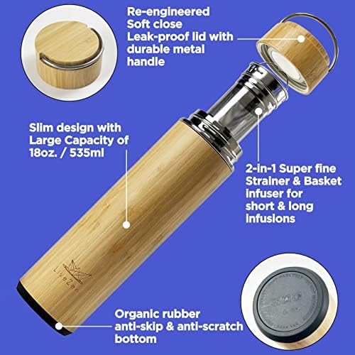 18oz Bamboo Tea Tumbler with Lid and 2 Pack Tea Filters for Loose Leaf