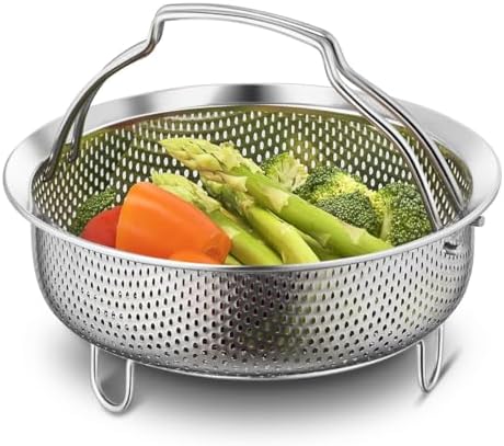 On-the-go Instant Steamer Basket with handles & Feet, Premium SUS304 Stainless Steel Construction, Multipurpose Perforated Strainer Colander Basket for Fruits & Vegetables (8.7" Diameter)